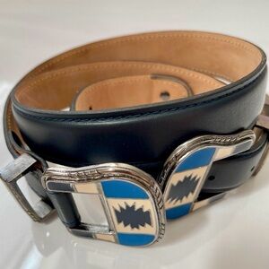Elegant Blue and Tan Leather Belt with Silver Accents
